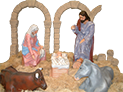 Portal de Betlem. Sant Josep, la Mare de Du, el Nen Jess viuen en un petit estable amb el bou i la mula
